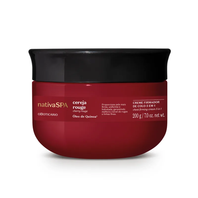 57835 Creme Firmador de Colo 5 em 1 Nativa Spa Cereja Rouge 200g Creme firmador de colo nativaSPA cereja rouge em embalagem vermelha com tampa preta