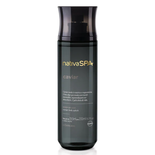 60675 BODY SPLASH NATIVA SPA CAVIAR, 200ML Frasco preto translúcido de body splash nativaSPA caviar