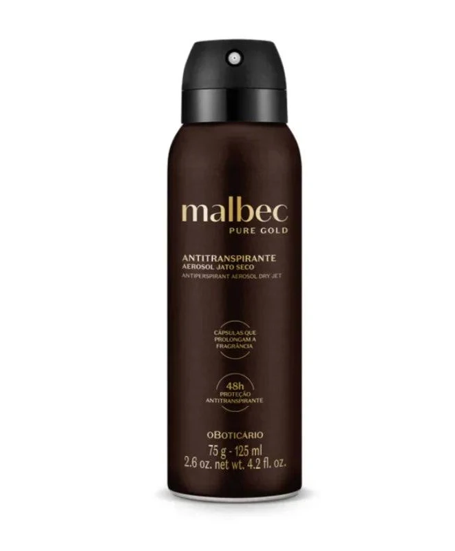 86969 Desodorante Antitranspirante Aerosol Malbec Pure Gold 75g/125ml Frasco de antitranspirante em aerossol Malbec Pure Gold castanho com tampa preta