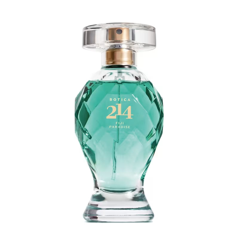 63845 Botica 214 Fiji Paradise Eau De Parfum feminino, 75ml Frasco de perfume de vidro facetado azul esverdeado com tampa redonda transparente e dourada