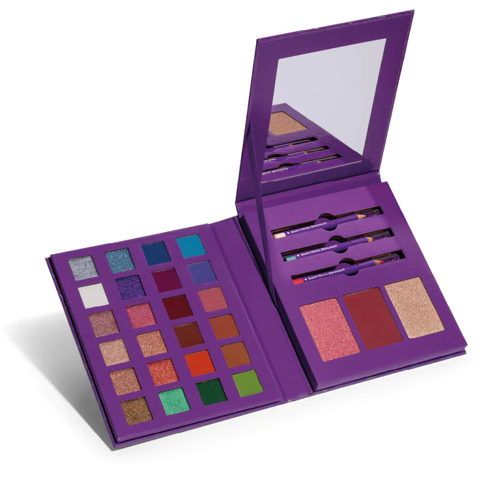 QDB7669 PALETA MULTIFUNCIONAL CELEBRA Paleta de maquilhagem roxa com sombras, pincéis e espelho