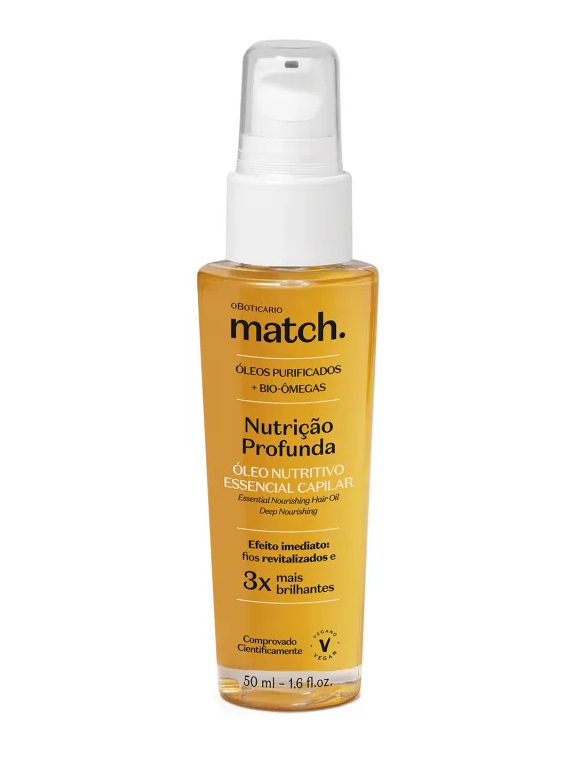 82709 ÓLEO CAPILAR MATCH NUTRIÇÃO PROFUNDA, 50ML Frasco de óleo nutritivo capilar amarelo com tampa de spray branca
