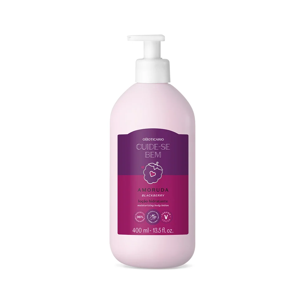 63524 Loção Hidratante Corporal Cuide-se Bem Amoruda, 400ml Frasco rosa claro com tampa branca e rótulo roxo de loção hidratante amoruda blackberry