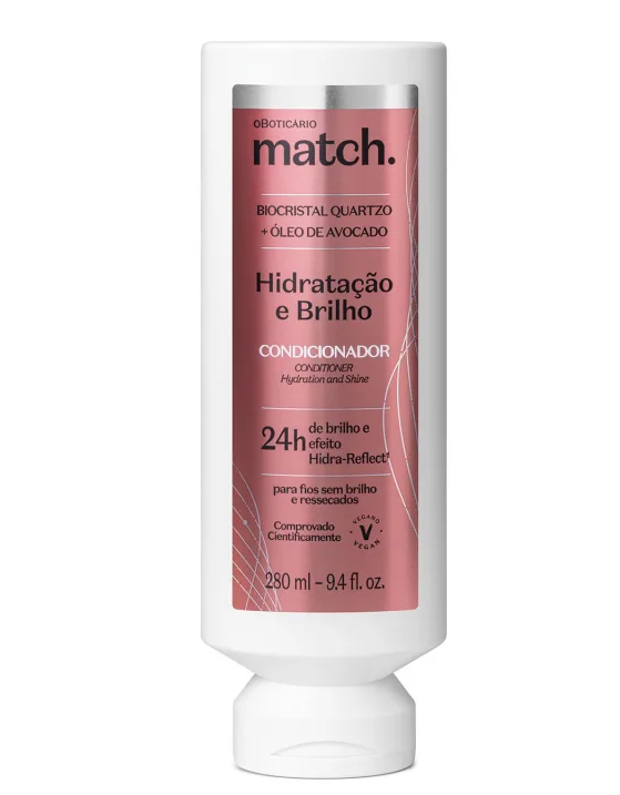 82888 CONDICIONADOR MATCH HIDRATAÇÃO E BRILHO 280ML Frasco de condicionador Match do Boticário branco com rótulo rosa.