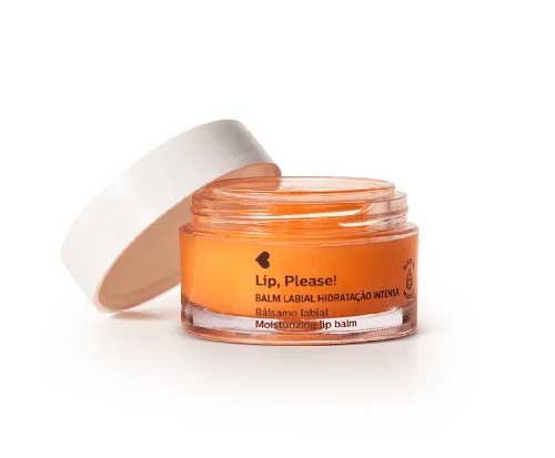 83735 Balm Hidratação Intensa Lip, Please! Frasco aberto de bálsamo labial hidratante laranja com tampa branca