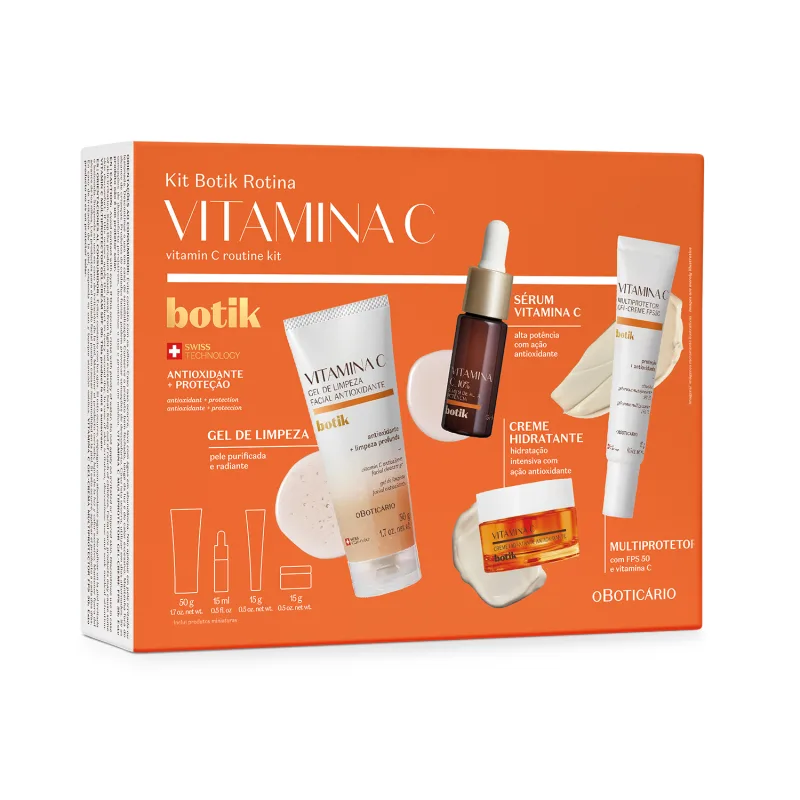 51473 Mini Kit Rotina Botik Vitamina C (4 itens) Kit Botik Rotina Vitamina C com produtos de cuidados faciais e embalagem laranja