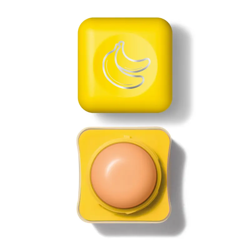 55064 Intense Balm Labial Cuide-se Bem Feira Banana, 6,2g Protetor labial redondo laranja em embalagem quadrada amarela com tampa amarela decorada com bananas brancas