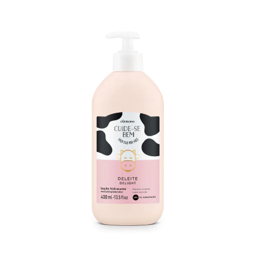62976 LOÇÃO CORPORAL HIDRATANTE CUIDE-SE BEM DELEITE, 400ML Frasco rosa com dispensador branco e etiqueta com desenho de manchas pretas e sol sorridente