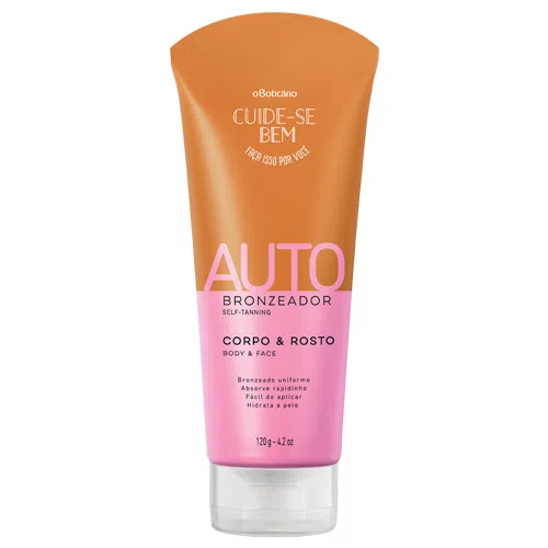 2285 AUTOBRONZEADOR SOLAR CUIDE-SE BEM, 120G Tubo de creme autobronzeador para corpo e rosto, embalagem laranja e rosa.