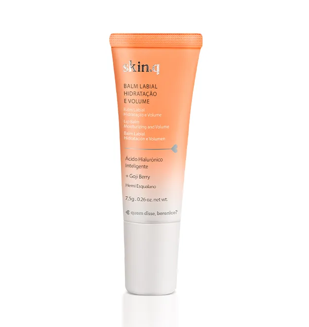 56052 Skin.Q Balm Labial Hidratação e Volume, 7,5g Tubo de bálsamo labial skin.q laranja e branco com texto