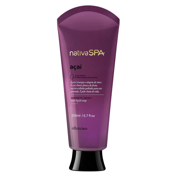 63080 SABONETE LÍQUIDO NATIVA SPA AÇAÍ, 200ML Embalagem roxa e preta do sabonete líquido Nativa SPA açaí O Boticário