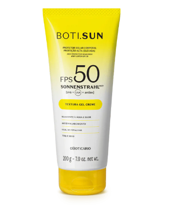 47963 BOTI.SUN PROTETOR SOLAR CORPORAL GEL CREME FPS50 Frasco amarelo e branco de protetor solar corporal BOTI.SUN FPS 50 com 200g.