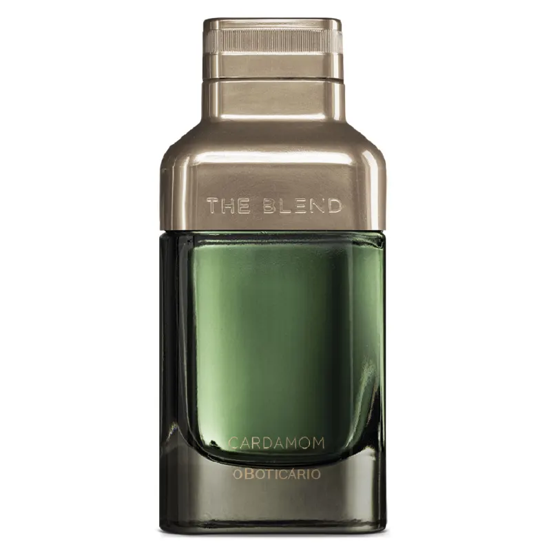 83529 The Blend Cardamom Eau de Parfum 100ml Frasco de perfume verde escuro e bege com textos THE BLEND, CARDAMOM e O BOTICÁRIO.