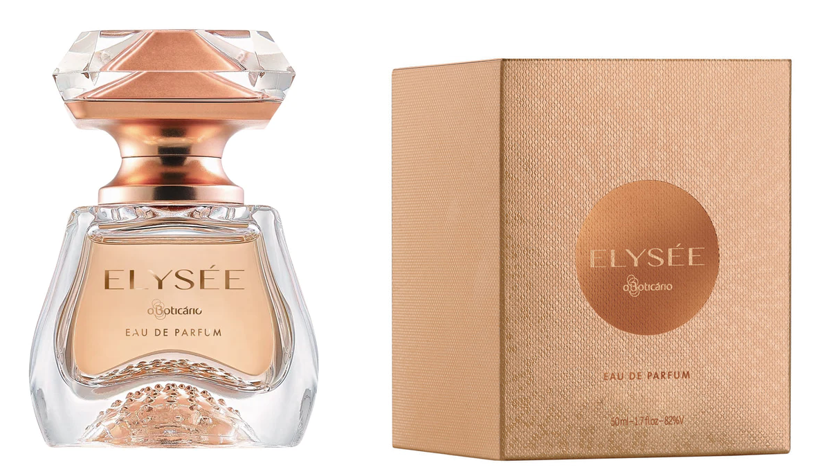 62610 ELYSÉE EAU DE PARFUM, 50ML Frasco e caixa do perfume ELYSÉE Eau de Parfum da Boticário em tons de castanho e âmbar