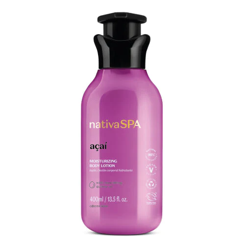 62938 LOÇÃO HIDRATANTE NATIVA SPA AÇAÍ, 400ML Frasco roxo de loção hidratante Nativa SPA açaí com tampa preta