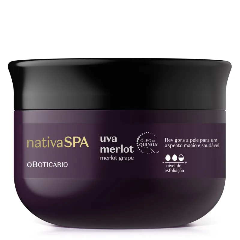 58988 Esfoliante Corporal Nativa Spa Uva Merlot 180g Creme esfoliante corporal nativaSPA uva merlot O Boticário roxo com tampa preta