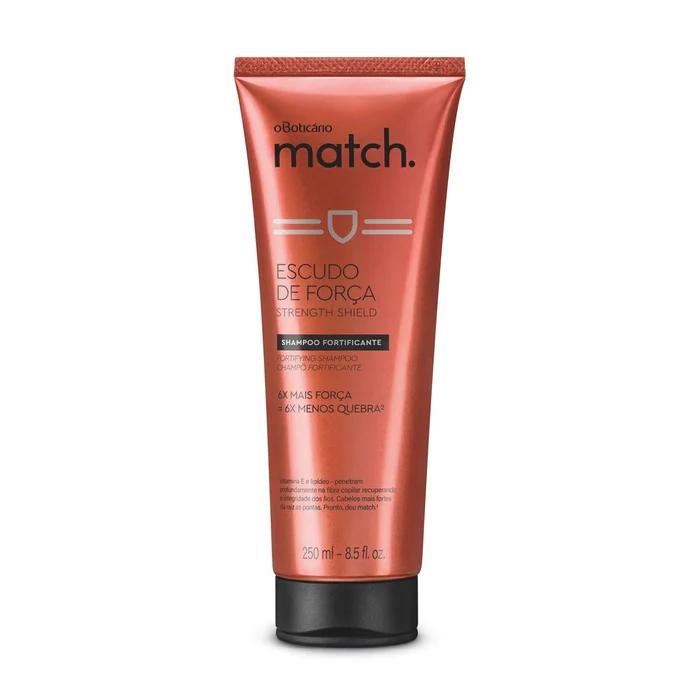 6597 SHAMPOO MATCH ESCUDO DE FORÇA, 250ML Frasco tubo de champô fortificante o Boticário match de cor cobre metálico com tampa preta