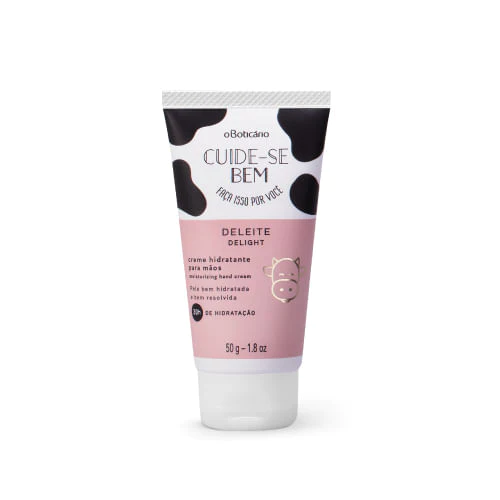 5438 CUIDE-SE BEM DELEITE CREME HIDRATANTE PARA MÃOS, 50G creme hidratante para mãos Cuide-se Bem Deleite Delight O Boticário embalagem bisnaga rosa branco e preto
