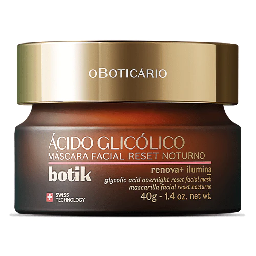 8649 MÁSCARA FACIAL RESET NOTURNO ÁCIDO GLICÓLICO BOTIK, 40G Frasco de vidro castanho com tampa dourada e texto de máscara facial ácido glicólico