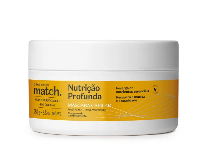 82708 MÁSCARA MATCH NUTRIÇÃO PROFUNDA, 250G Recipiente de máscara capilar Nutrição Profunda da O Boticário em embalagem branca e amarela.