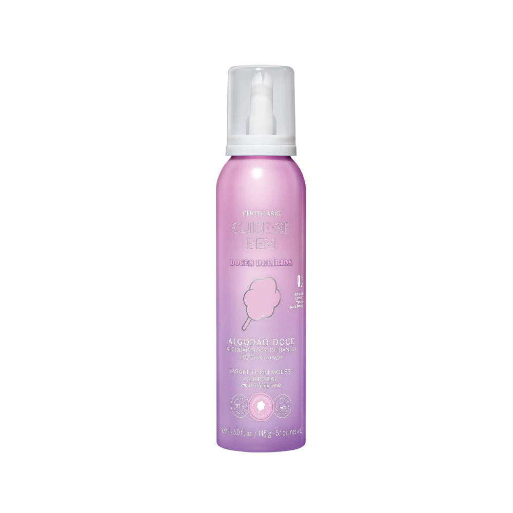 64070 Sabonete em mousse Cuide-se Bem Doces Delírios, 180g Frasco lilás de sabonete em mousse corporal O Boticário Algodão Doce com tampa transparente