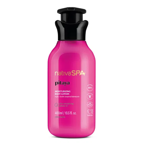 63361 LOÇÃO HIDRATANTE NATIVA SPA PITAYA, 400ML Frasco rosa de loção corporal hidratante Nativa SPA Pitaya 400 ml