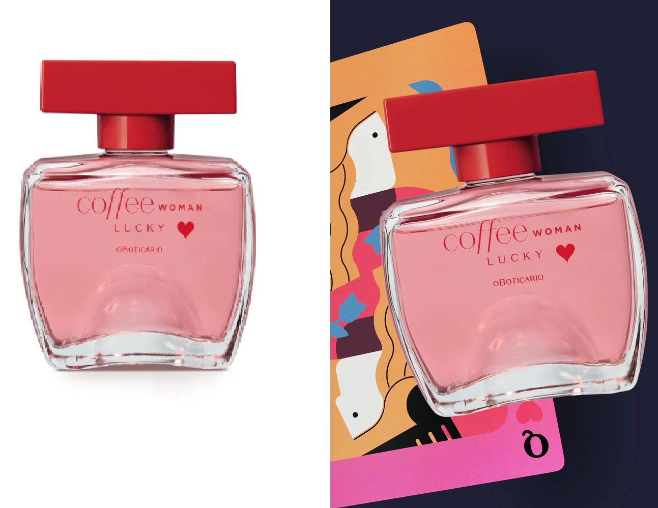 62818 COFFEE WOMAN LUCKY EAU DE TOILETTE, 100ML Frascos de perfume rosa com tampa vermelha e texto vermelho COFFEE WOMAN LUCKY O BOTICÁRIO, sobre superfícies clara e escura com cartões coloridos