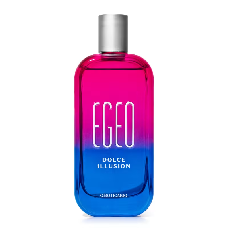63802 Egeo Dolce Illusion Eau de Toilette 90ml Frasco de perfume rosa e azul com tampa prateada e texto branco