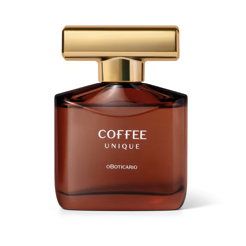 63539 Coffee Man Unique Eau de Toilette, 100ml Frasco de perfume castanho com tampa dourada e texto branco COFFEE UNIQUE oBOTICÁRIO