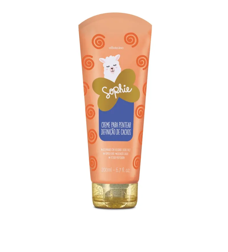 59170 Sophie Creme para Pentear Cachos, 200ml Tubo laranja de creme para pentear Sophie com tampa dourada.