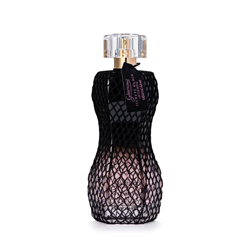 63314 Glamour Secrets Black Intense 75ml Frasco de perfume em vidro com malha preta e tampa transparente