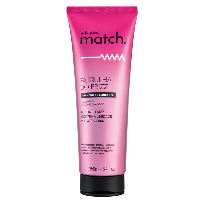 4692 SHAMPOO MATCH PATRULHA FRIZZ, 250ML frasco rosa de shampoo oBoticario match Patrulha do Frizz 250 ml