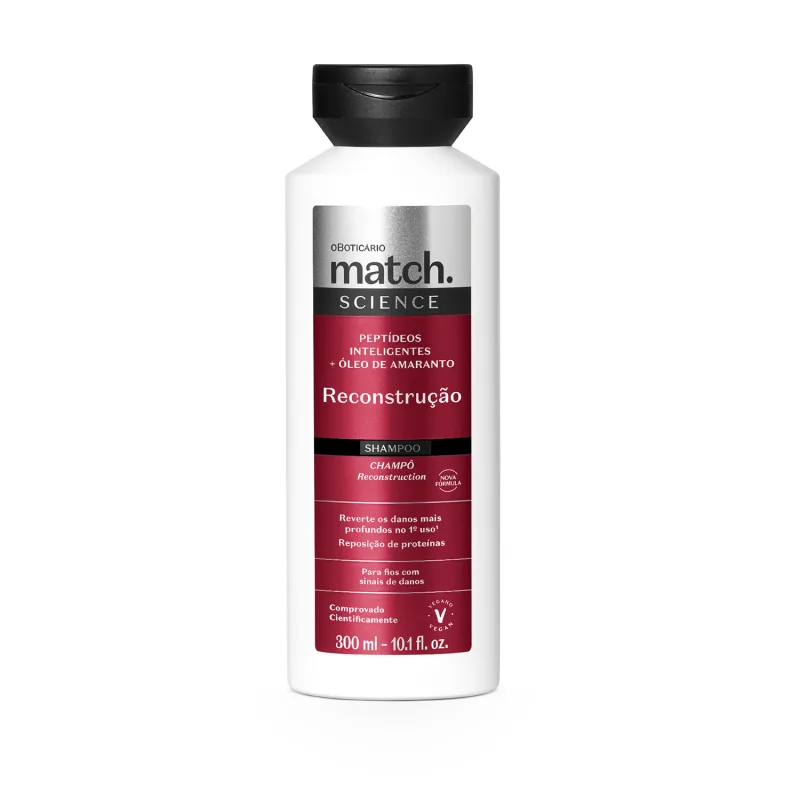 56819 Shampoo Match Science Reconstrução, 300ml Frasco branco de champô Match Science reconstrução 300 ml com tampa preta