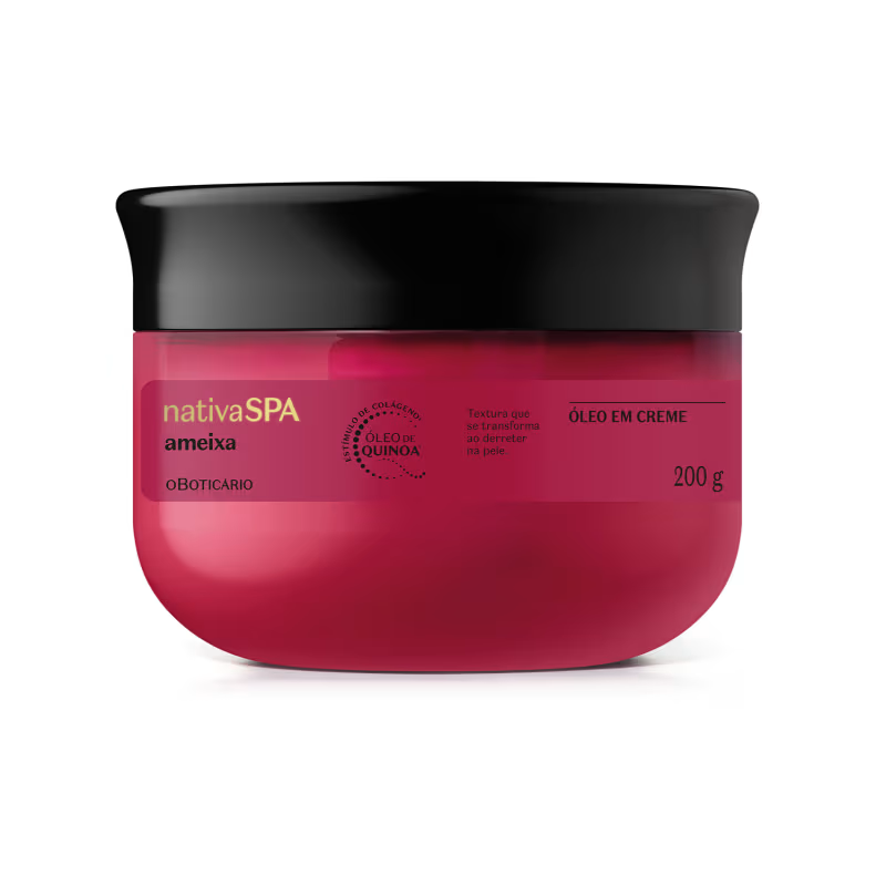 63702 Óleo em Creme Corporal Nativa Spa Ameixa 200g Frasco vermelho com tampa preta de creme óleo em creme nativaSPA ameixa oBoticário