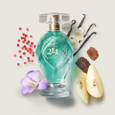 Frasco de perfume BOTICA 214 FIJI PARADISE com ingredientes naturais ao redor