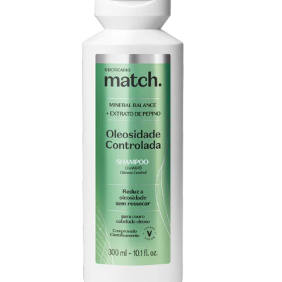 Frasco branco de shampoo O Boticário match oleosidade controlada 300 ml