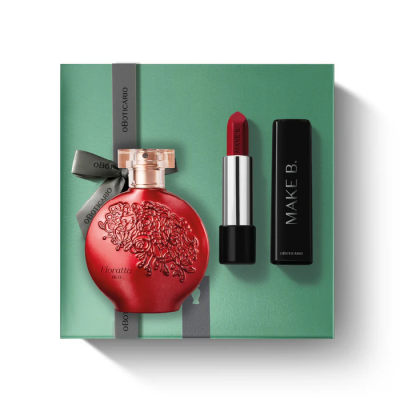 Conjunto de perfume e batom O Boticário Floratta Rose e Make B. sobre caixa verde