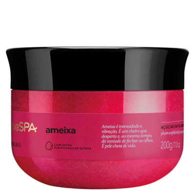 Frasco rosa de açúcar esfoliante Nivea SPA ameixa com tampa preta