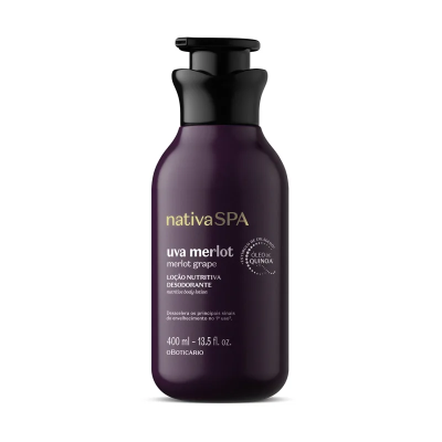 Frasco roxo de loção desodorizante Nativa SPA uva merlot com tampa preta