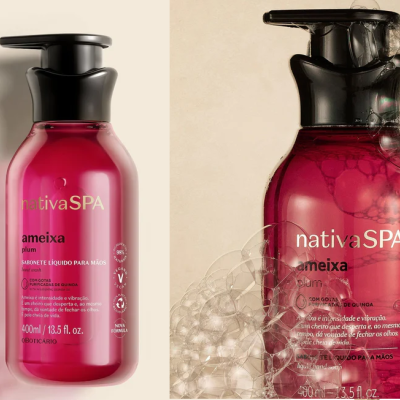 Sabão líquido para mãos Nativa SPA ameixa em frascos rosa com tampa preta e bolhas de sabão