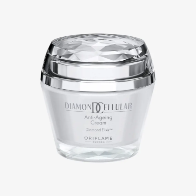 Frasco de creme anti-envelhecimento DiamonCellular da Oriflame com tampa translúcida facetada.