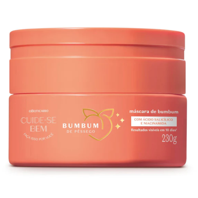 Frasco plástico coral com tampa contendo máscara de bumbum da marca O Boticário