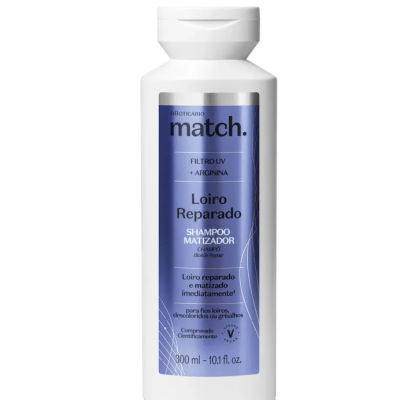 Frasco branco de shampoo Match Loiro Reparado com rótulo azul e prata