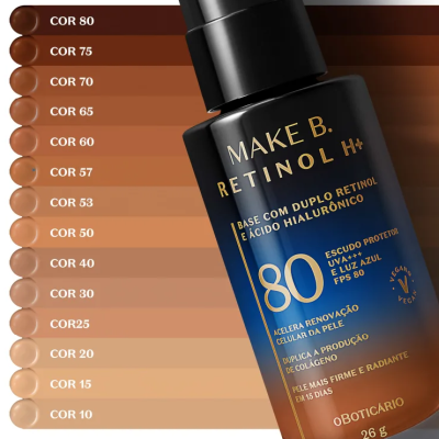 Frasco de base líquida MAKE B. RETINOL H+ e amostras de cor num fundo degradê castanho.