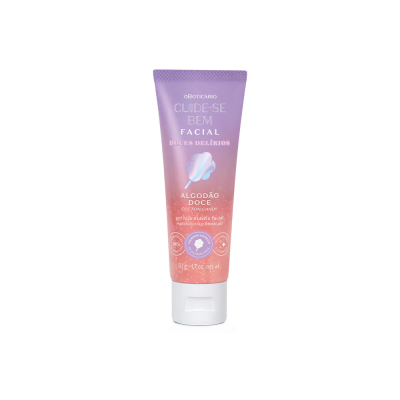 Gel hidratante facial em tubo roxo e rosa com algodão doce