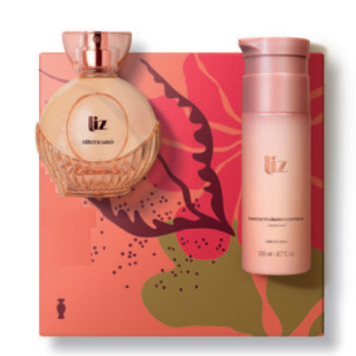 Conjunto de perfume e creme Liz CONNECTED WOMAN sobre caixa colorida com padrão abstracto.