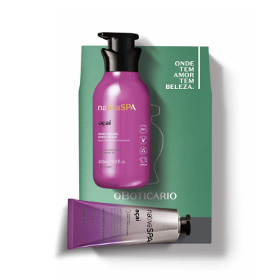 Conjunto de produtos nativaSPA açaí do O Boticário com frasco e tubo em embalagem verde.