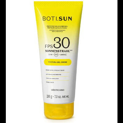 Protetor solar corporal BOTI.SUN FPS 30 em tubo amarelo e branco