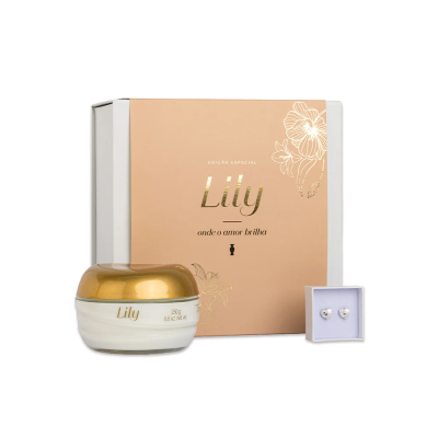 Conjunto com creme Lily, caixa bege Edição Especial e par de brincos com pedras brilhantes