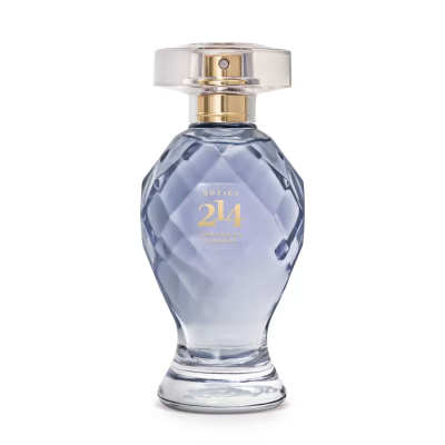 Frasco de perfume azul com tampa dourada e texto BOTICA 214 VERANO L